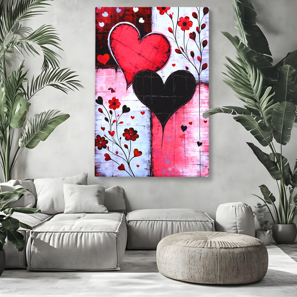 Tablou canvas cu tablou canvas cu inimi si flori, fara rama, pe sasiu de lemn, pe perete intr-un living